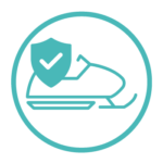 Icon of a snowmobile with a shield and checkmark above it